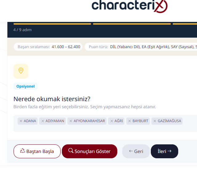 Eğitim yeri (şehir) se&ccedil;im ekranı