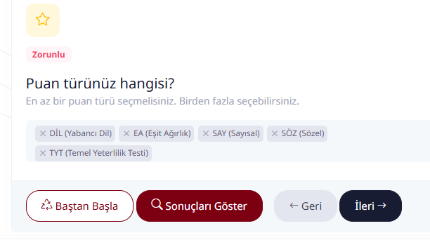 Puan t&uuml;r&uuml; se&ccedil;im ekranı