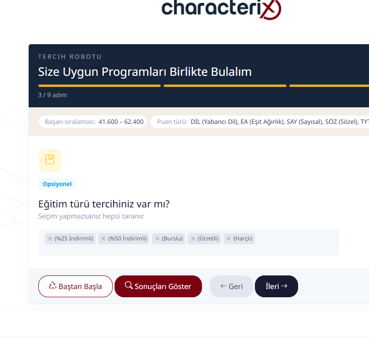 Eğitim t&uuml;r&uuml; se&ccedil;im ekranı